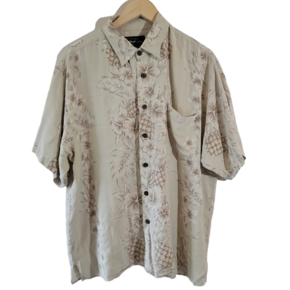 Hawaiian Reserve Men's Silk Button-Up Shirt Sz L Tan Tropical Cottagecore Resort